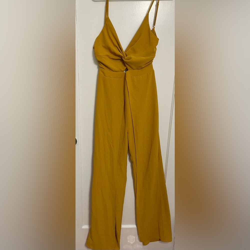 Twist-Front Mustard Yellow Jumpsuit with Spaghetti Straps - Picture 2 of 7
